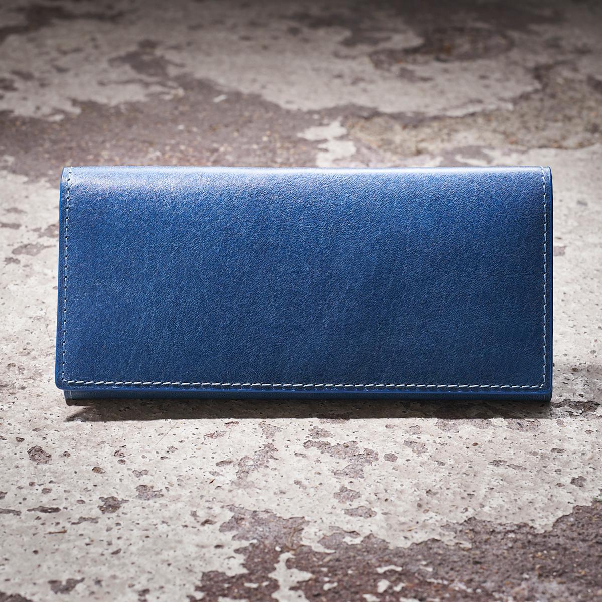 藍染めレザー かぶせ長財布