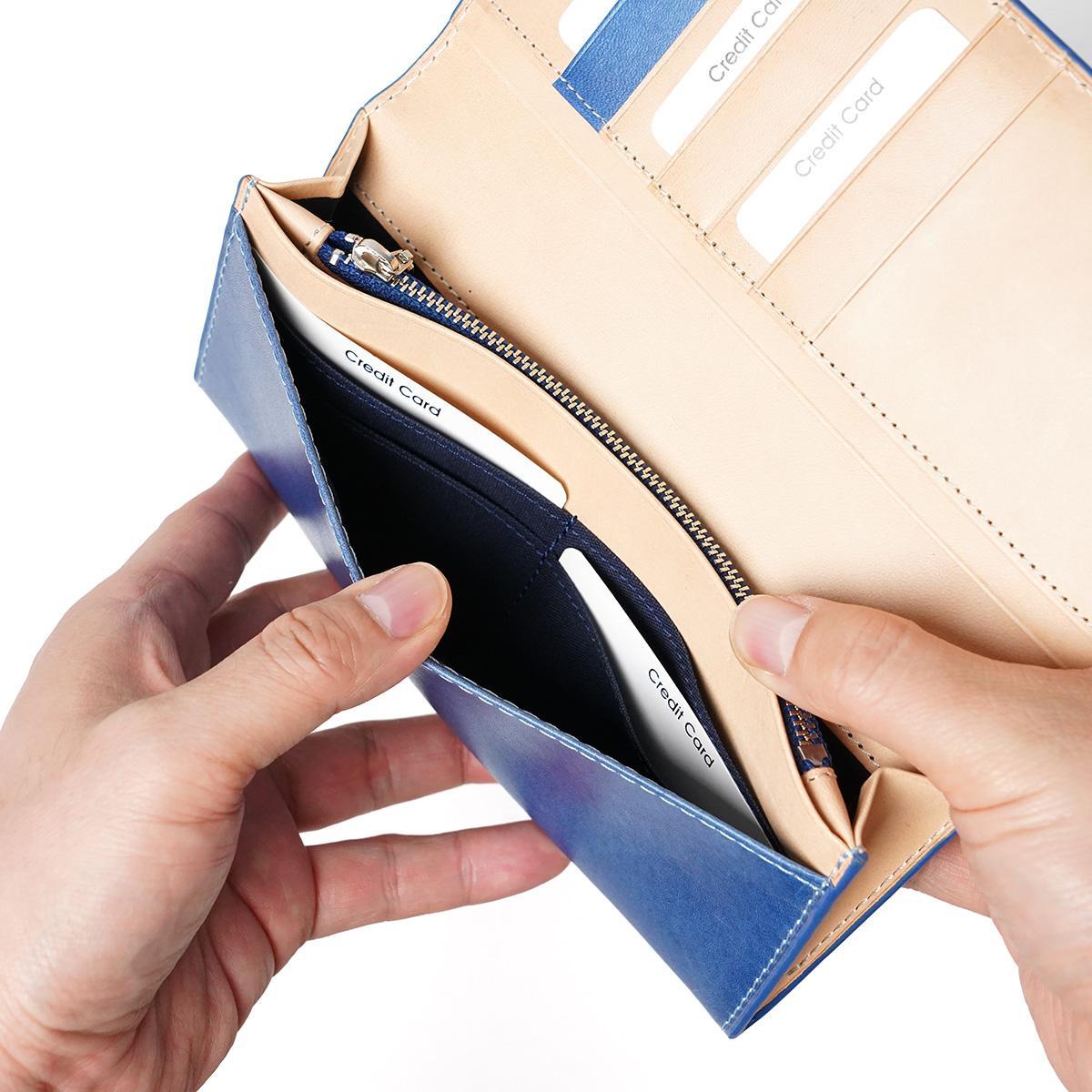 藍染めレザー かぶせ長財布