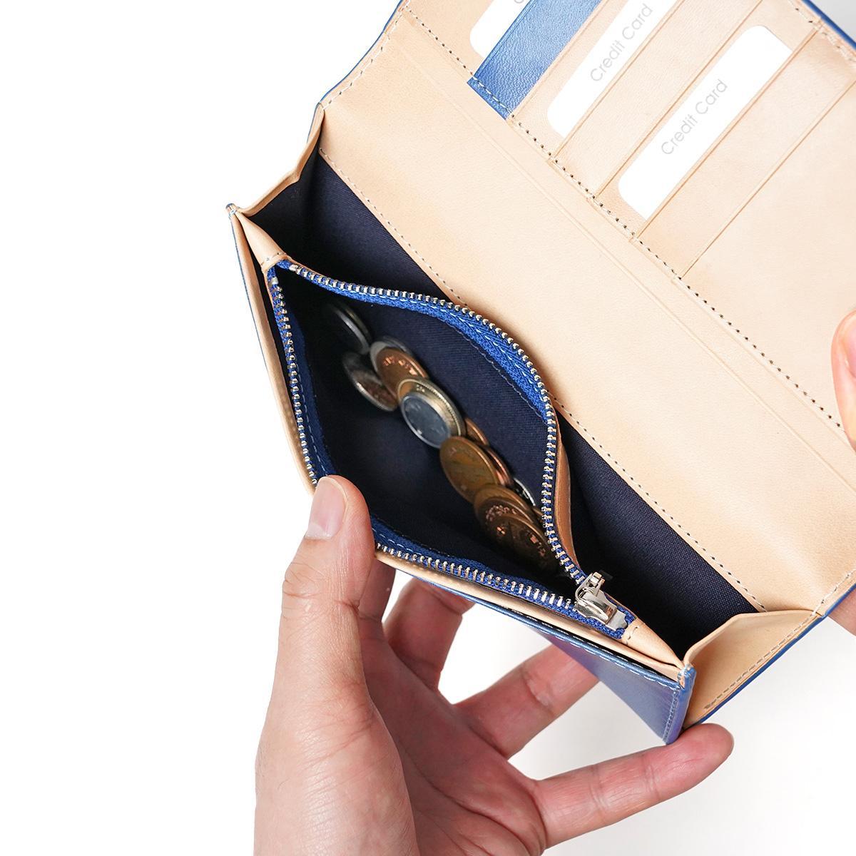 藍染めレザー かぶせ長財布