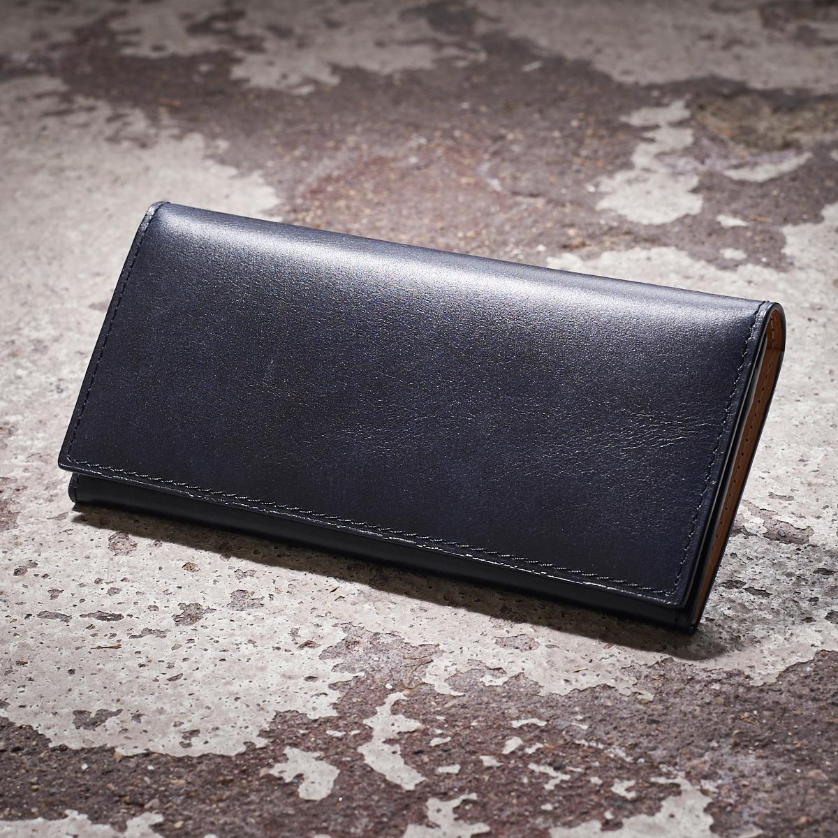 藍染めレザー かぶせ長財布