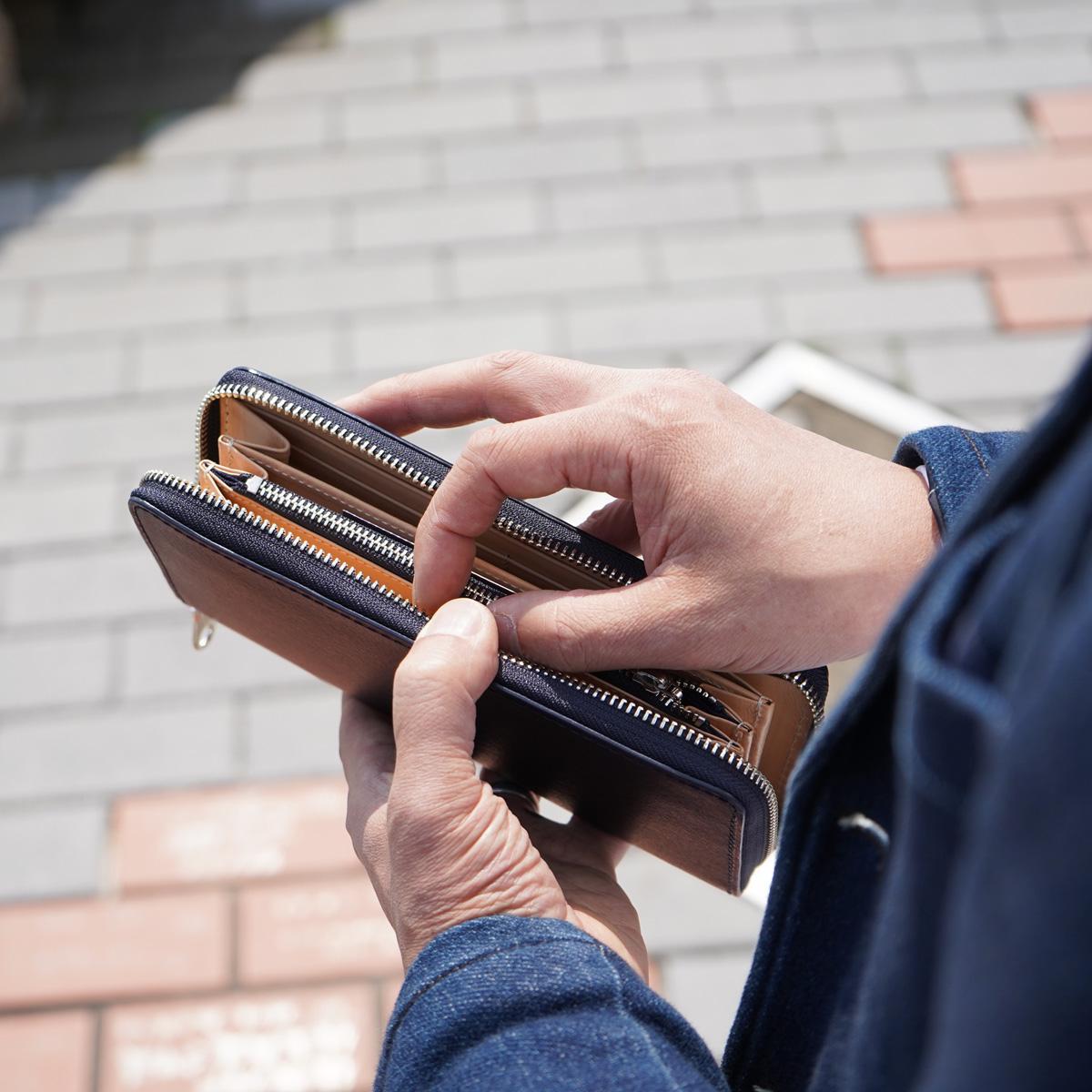 藍染めレザー ラウンドファスナー長財布