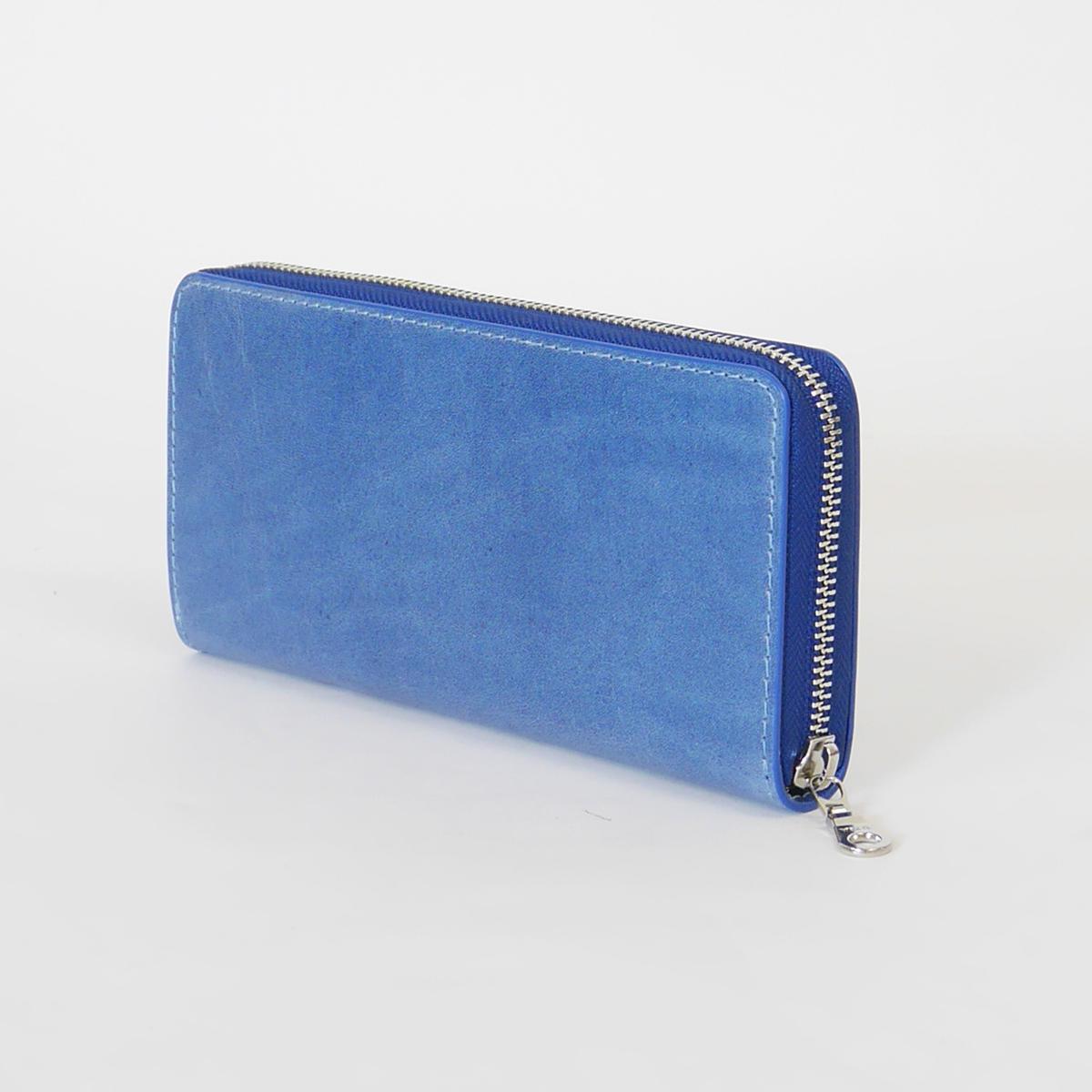 藍染めレザー ラウンドファスナー長財布