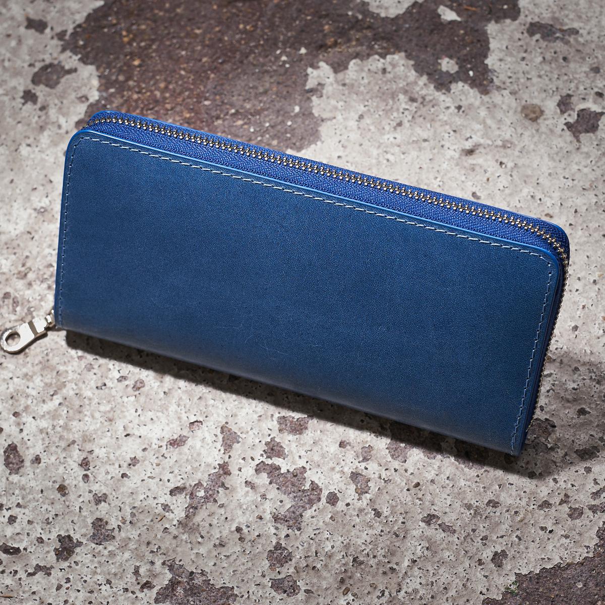 藍染めレザー ラウンドファスナー長財布