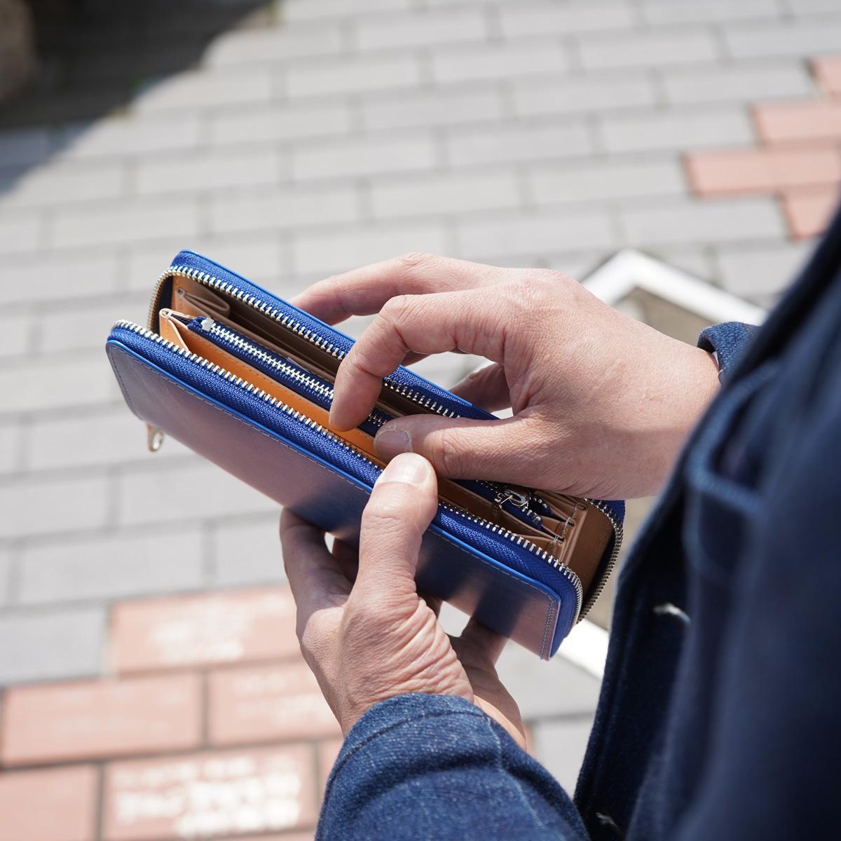 藍染めレザー ラウンドファスナー長財布