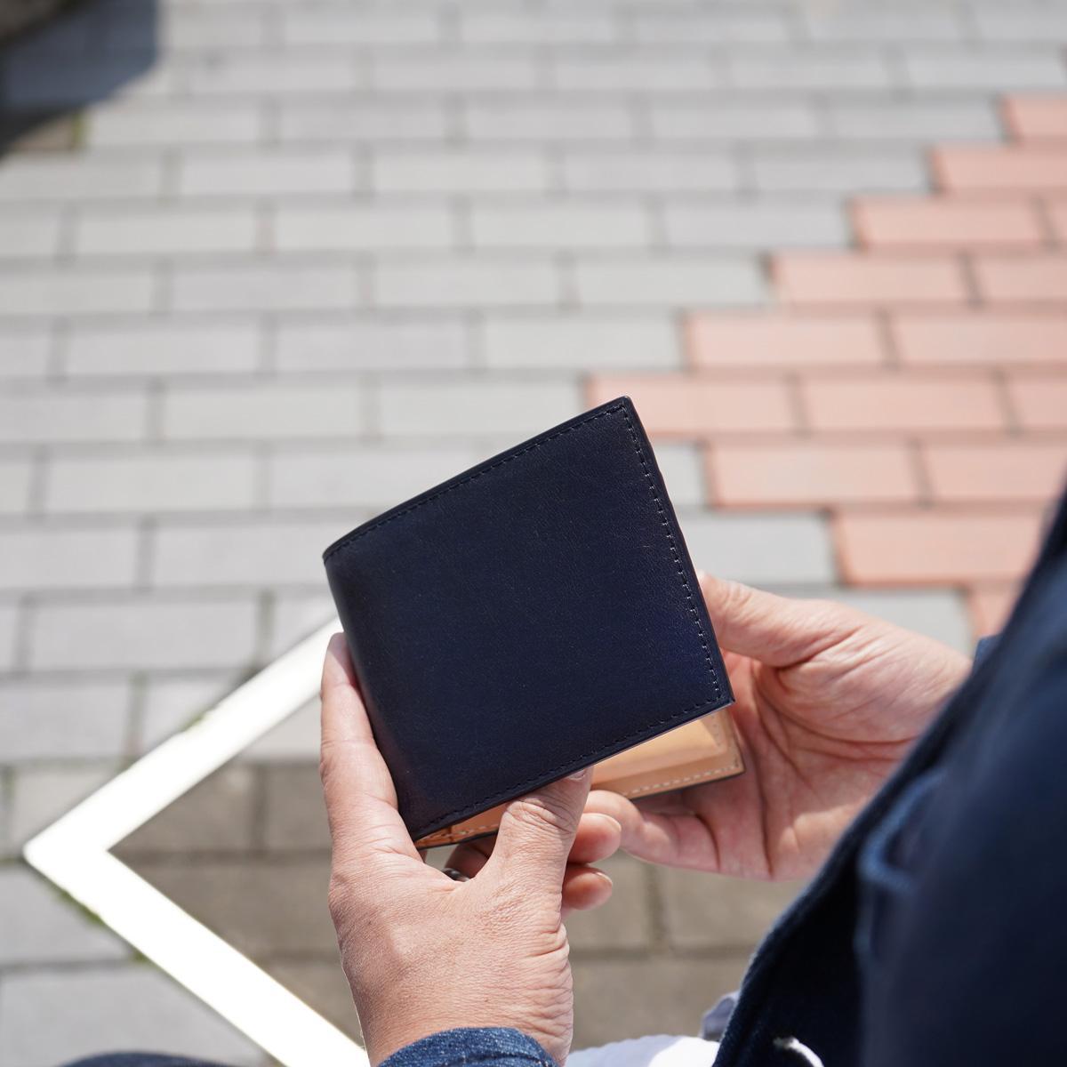藍染めレザー 二つ折り財布
