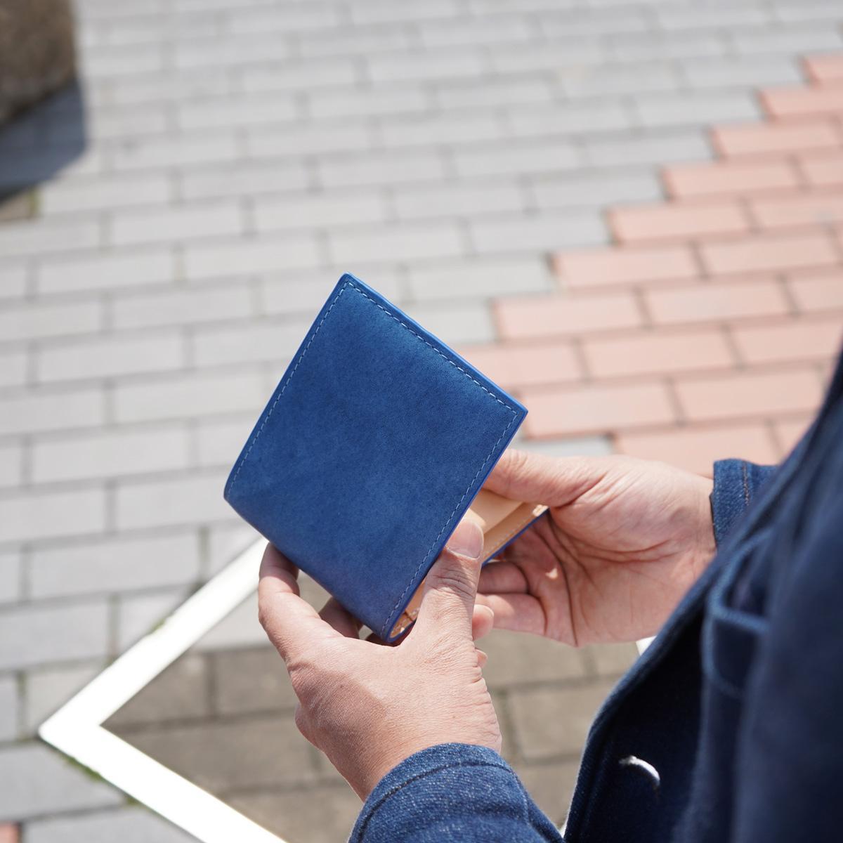 藍染めレザー 二つ折り財布