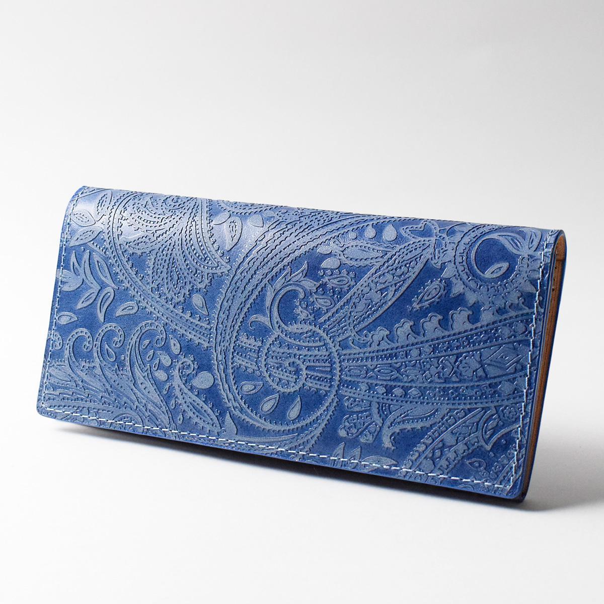 藍染レザー　ペイズリー　かぶせ束入れ