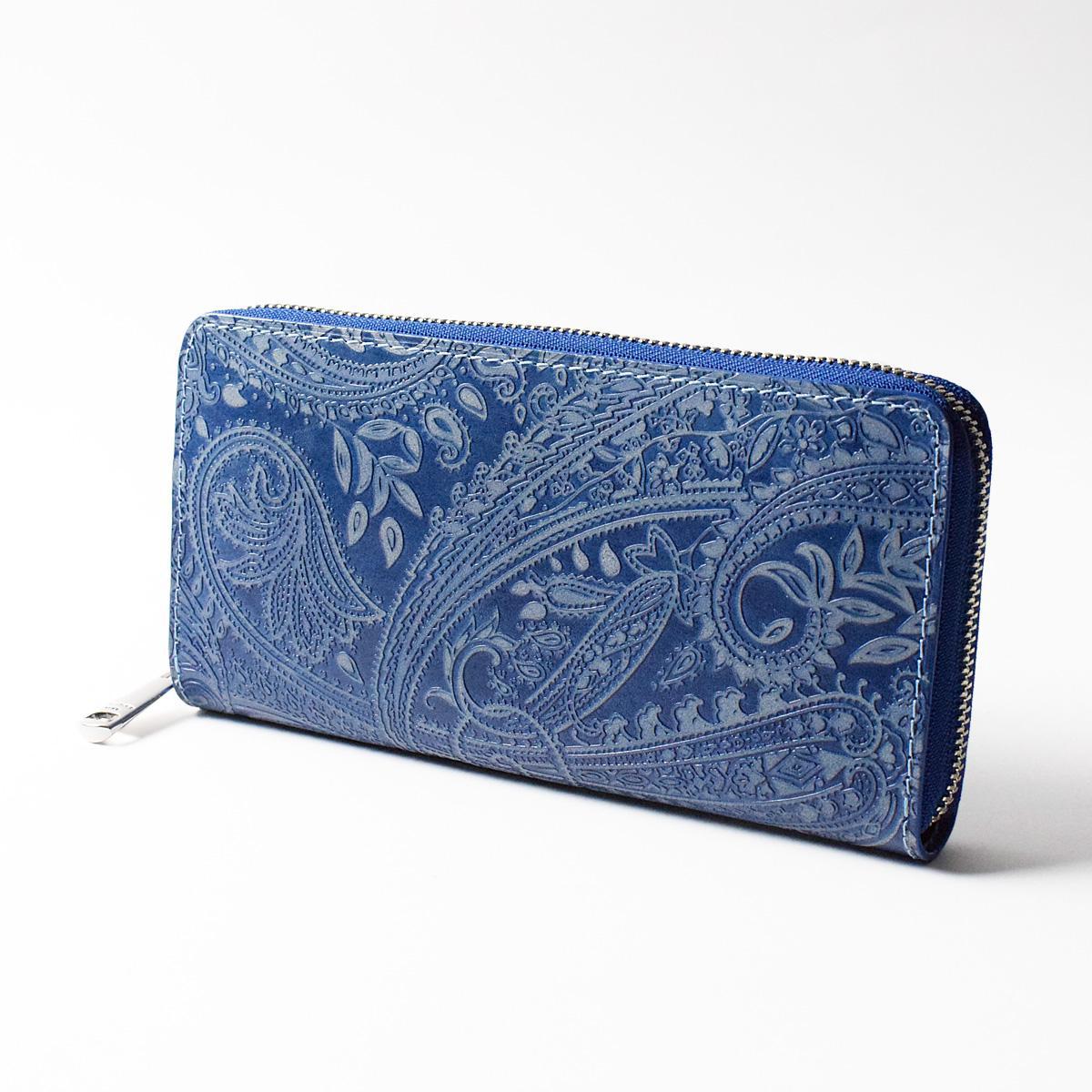 藍染レザー ラウンドファスナー長財布（ペイズリー柄）