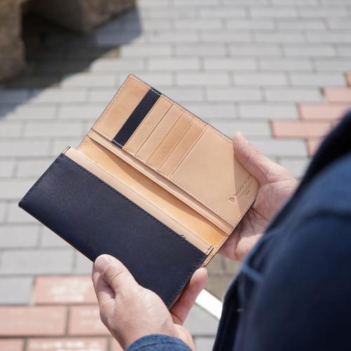 藍染めレザー かぶせ長財布