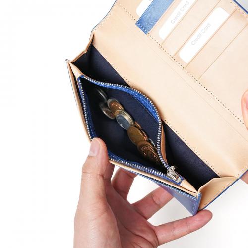 藍染めレザー かぶせ長財布