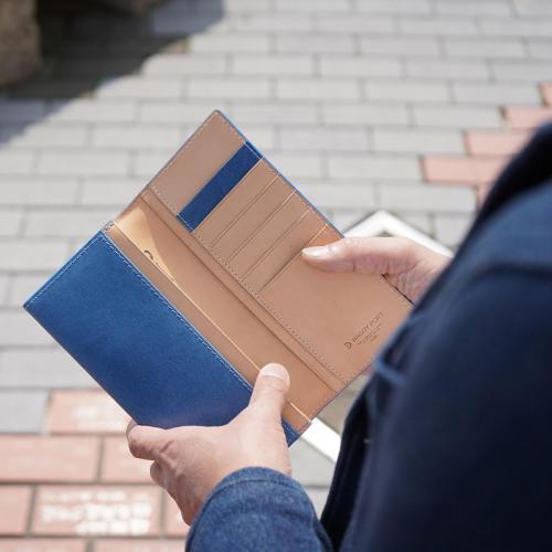 藍染めレザー かぶせ長財布