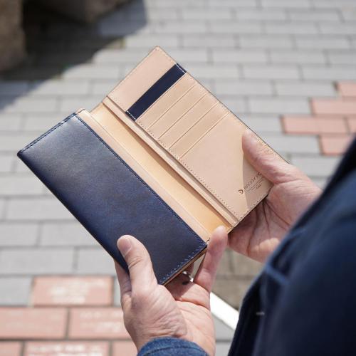 藍染めレザー かぶせ長財布