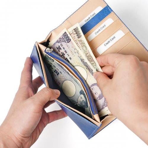 藍染めレザー かぶせ長財布