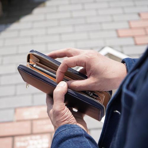 藍染めレザー ラウンドファスナー長財布