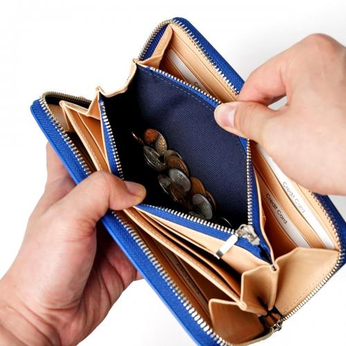 藍染めレザー ラウンドファスナー長財布