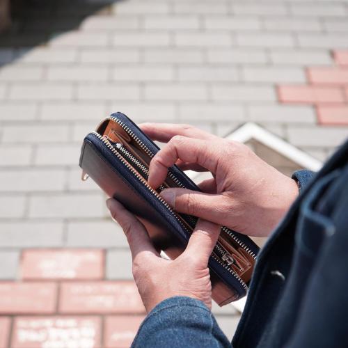 藍染めレザー ラウンドファスナー長財布