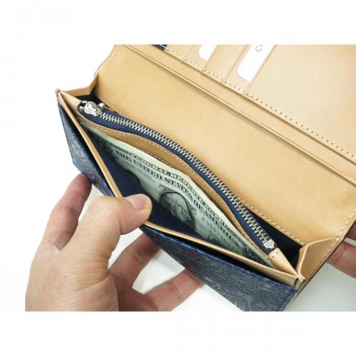 藍染レザー　ペイズリー　かぶせ束入れ