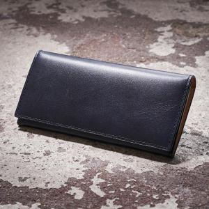 藍染めレザー かぶせ長財布