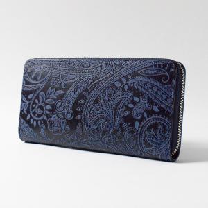 藍染レザー ラウンドファスナー長財布（ペイズリー柄）